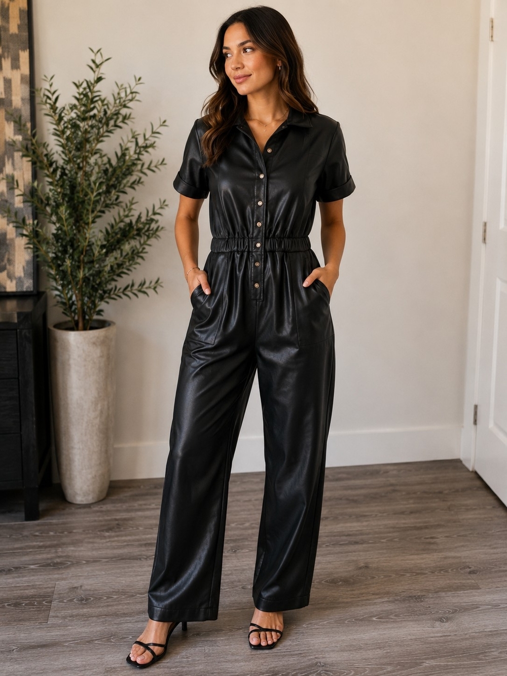 Black Faux Leather Short-Sleeve Jumpsuit From Smash+Tess (New Without Tag)